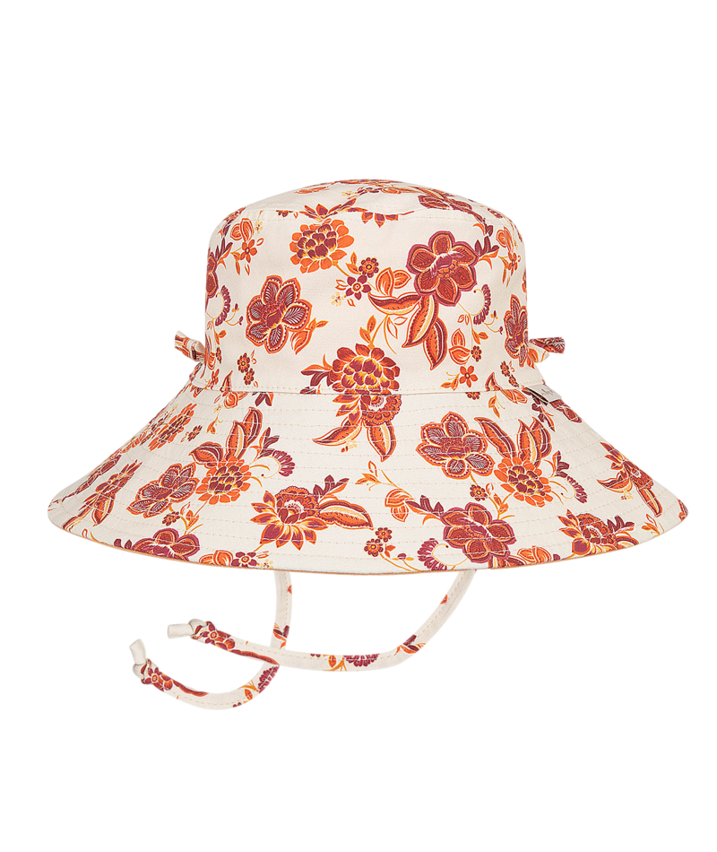 Millymook Girls Wide Brim Bucket Hat - Natural Red Orange Flower Print - Lillypilly